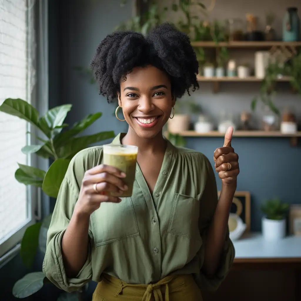 Happy woman holding a cup of Matcha Slim tea