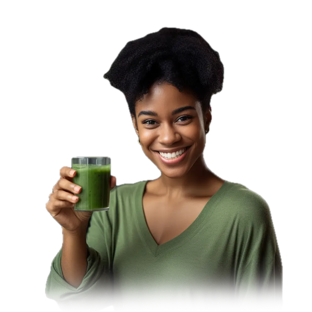 Girl holding a cup of Matcha tea and giving thumbs up