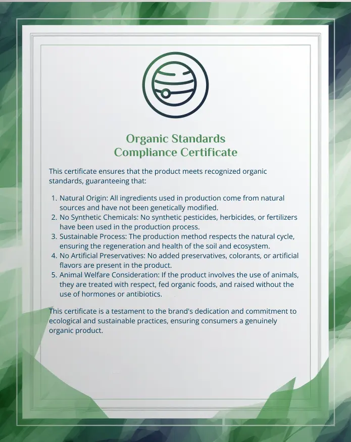 Certificate of compliance with organic standards